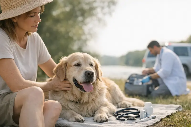 Tierarztbesuch im Sommer Hundehalter beim Tierarzt, um über Vorsorge und Versicherungsschutz für Tiere im Sommer zu informieren.