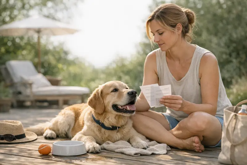 Selbstbeteiligung bei Sommerbehandlungen für Haustiere Ein Hund liegt entspannt in der Praxis und wartet auf eine Sommerbehandlung, während der Tierarzt die Optionen erklärt.
