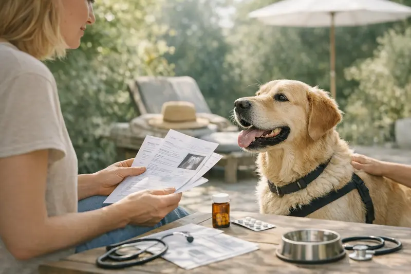 Hund Tierarzt Sommer Ein Hund besucht den Tierarzt im Sommer zur Gesundheitsuntersuchung.