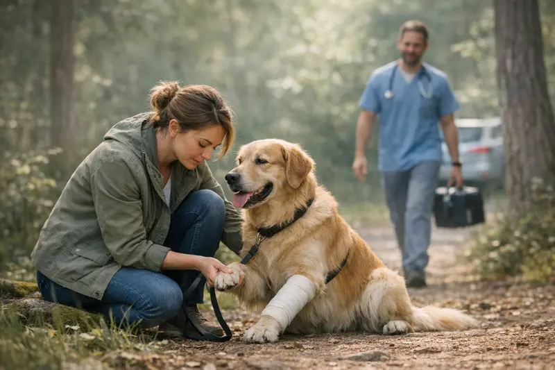 Hundehalter mit seinem Hund im Wald, der an der Leine geht und auf gesundheitliche Vorsorge achtet.