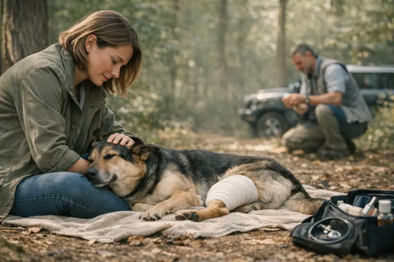 Hund im Wald mit Verletzung Ein Hund im Wald, der eine Verletzung hat und tierärztlich behandelt wird.