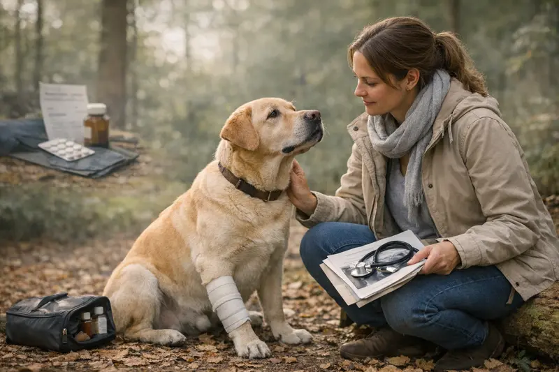 Wichtige Tarifpunkte für Hundeversicherungen Ein Hund im Wald, der auf eine behandelnde Tierarztpraxis wartet, was die Wichtigkeit der richtigen Hundeversicherung verdeutlicht.
