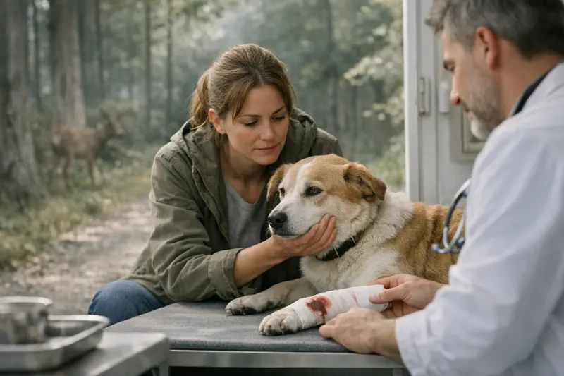 Ein Hund steht im Wald und blickt einem Wildtier nach, was die Risiken von Verletzungen durch Wildtierkontakt visualisiert.