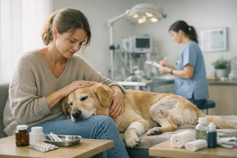 Medizinische Nachsorge für Hunde nach Operationen Ein Hund erhält eine medizinische Untersuchung nach einer Operation.