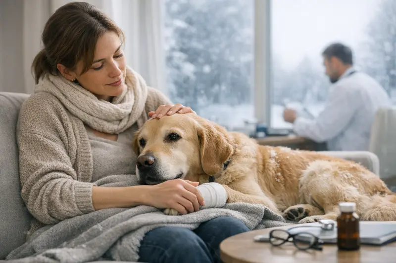 Hund im Winter – Gesundheitsvorsorge Ein gesunder Hund, der bei winterlichen Bedingungen spielt und für die bevorstehende kalte Jahreszeit vorsorgt.