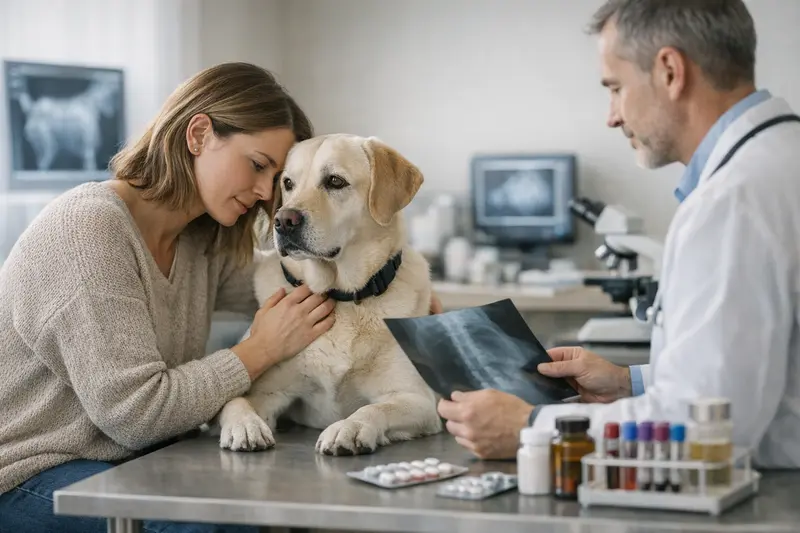Diagnostik und Medikamente in der Hundekrankenversicherung Ein Hund bei einer tierärztlichen Untersuchung inklusive Diagnostik.