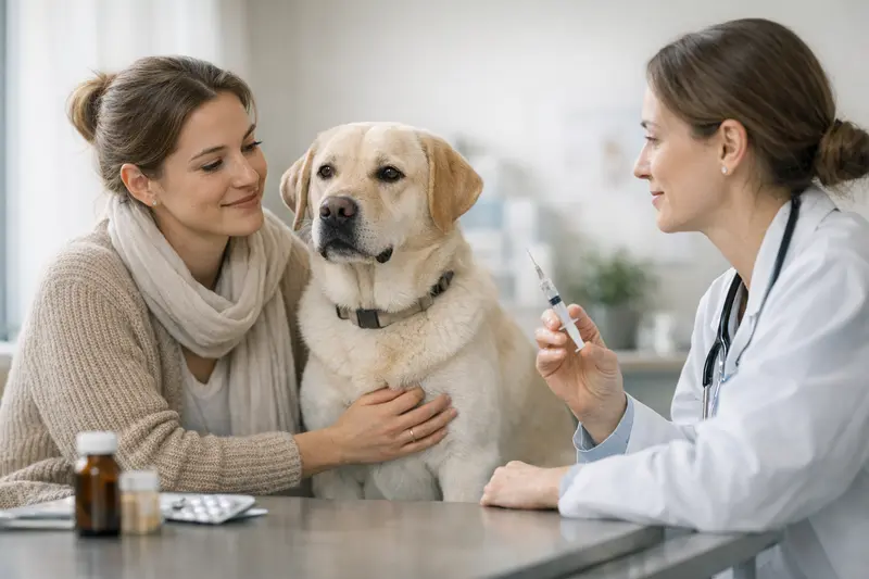 Ein Hund beim Tierarzt, der sich auf eine Impfung vorbereitet, symbolisiert die Bedeutung von Vorsorgeleistungen in der Hundekrankenversicherung.