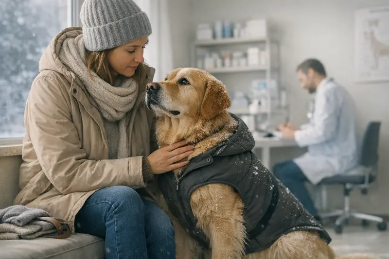 Ein Hund beim Tierarzt während einer kalten Winterperiode, der Halter über Selbstbeteiligung informiert wird.
