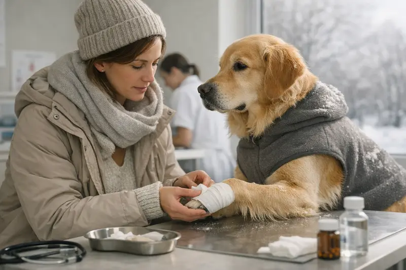 Gesunde Hunde im Winter Hund bei Tierarztuntersuchung zur Prävention von winterlichen Erkrankungen.