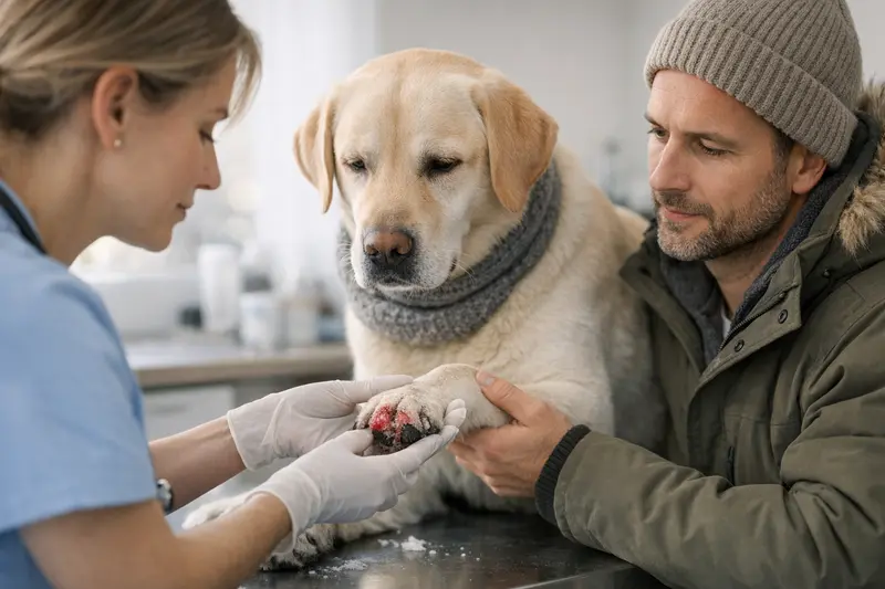 Hund beim Tierarzt mit Pfotenentzündung Ein Hund mit einem Verband an der Pfote beim Tierarzt zur Untersuchung wintertypischer Beschwerden.