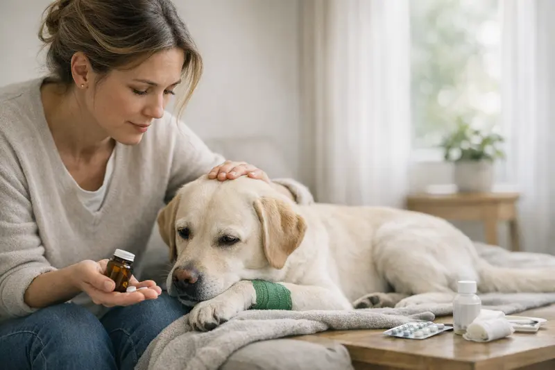 Tierarztuntersuchung nach Hund Impfung Hund beim Tierarzt, der nach einer Impfung untersucht wird