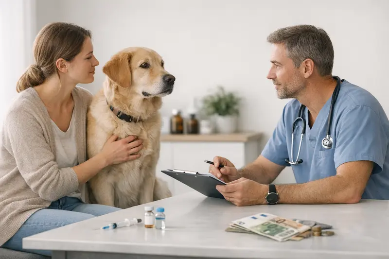 Vorsorgebudget für Tierarztkosten Hundehalter bespricht Vorsorgebudget für Tierarztkosten mit einem Experten.
