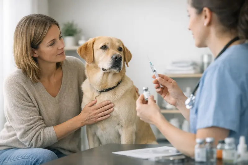 Zusatzimpfstoffe für Hunde Ein Hund erhält einen Zusatzimpfstoff während eines Tierarztbesuchs, um die Gesundheitsvorsorge zu optimieren.