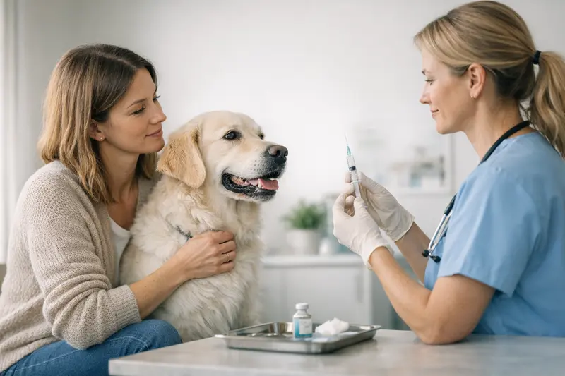 Hundekrankenversicherung Impfungen Hundebesitzer spricht mit Tierarzt über Impfungen und Kosten einer Hundekrankenversicherung