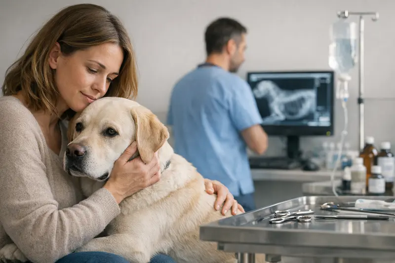 Tierärztliche Beratung zu Versicherungen Eine Tierärztin berät einen Hundebesitzer über wichtige Aspekte beim Vergleich von Tierkrankenversicherungen.