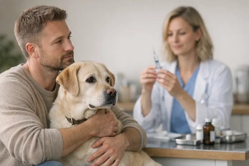 Hunde-Vorsorgeuntersuchung beim Tierarzt Hunde beim Tierarzt zur Vorsorgeuntersuchung, um Impfungskosten zu klären.