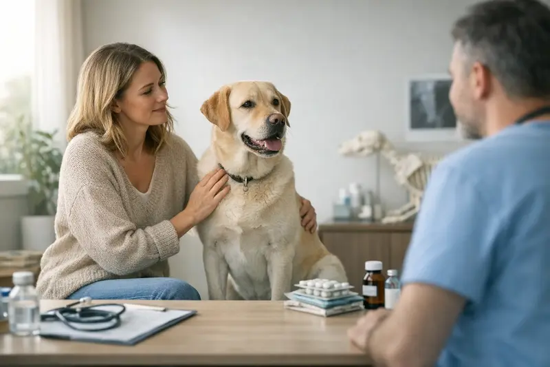 Hundehalterin untersucht Gesundheitsunterlagen ihres Hundes zur Versicherungswahl