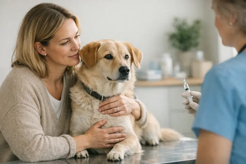 Impfung Hund Tierarzt Hund erhält eine Impfung beim Tierarzt zur Vorsorge.