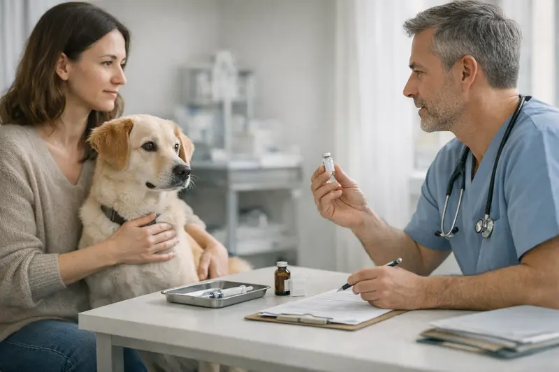 Hund beim Tierarzt für Impfung Ein Hund beim Besuch beim Tierarzt für eine Impfung, um Gesundheit und Vorsorge zu gewährleisten.