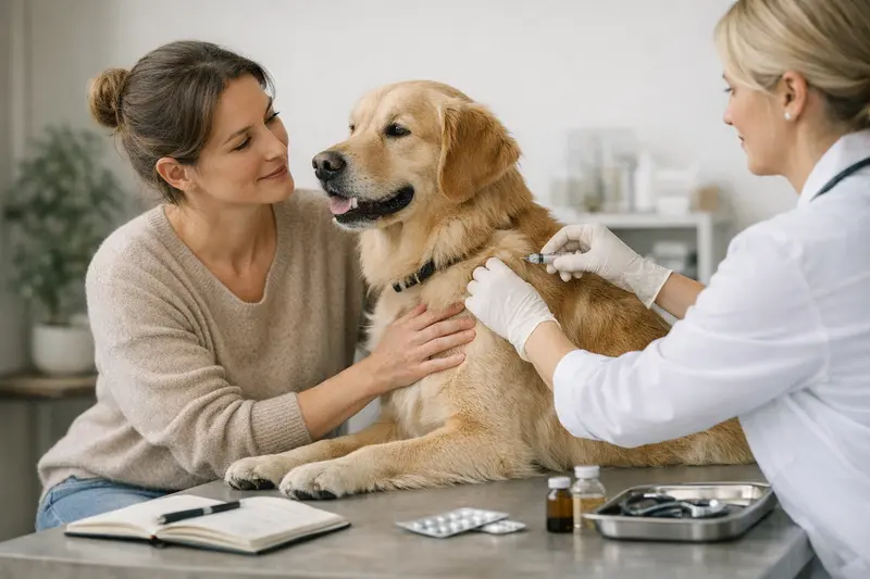 Vorsorgebudget und Tierarztbesuch bei Hunden Vorsorgebudget für Hunde: Eine Hundebesitzerin besprecht wichtige Vorsorgeuntersuchungen mit ihrem Tierarzt.