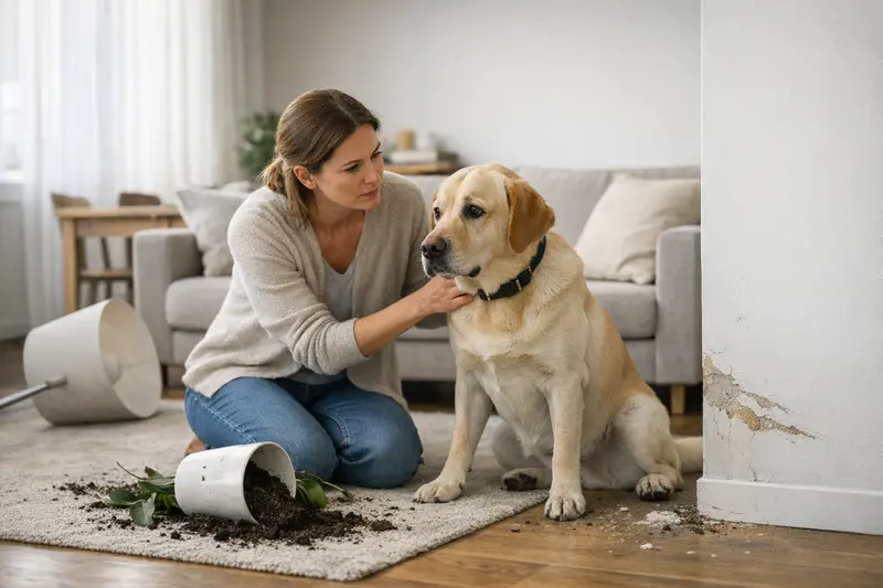 Hundehalter in einer Mietwohnung überprüft Versicherungsunterlagen für Mietsachschäden.