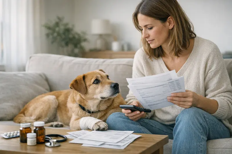 Hund beim Tierarzt Ein Hund auf dem Tierarzttisch während einer Untersuchung, die Selbstbeteiligung bei Tierarztkosten spielend veranschaulichend.