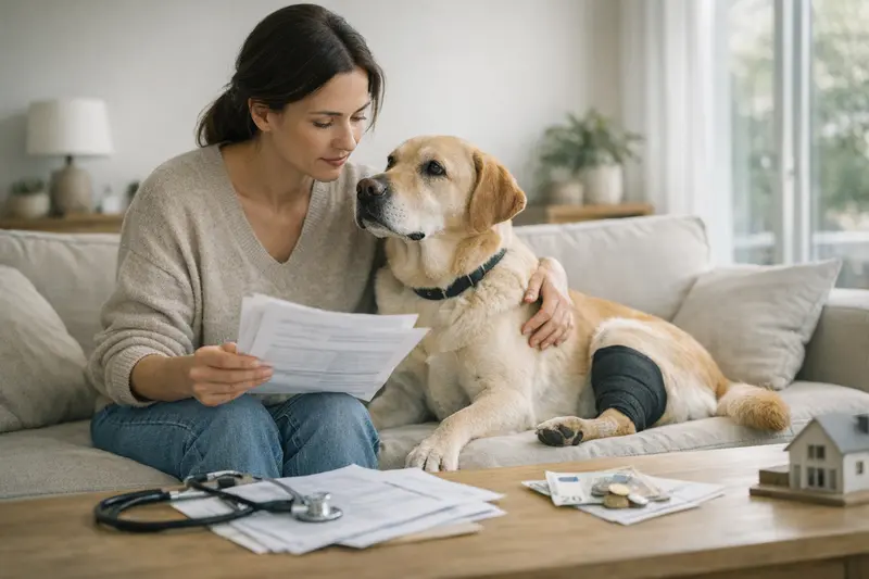 Versicherungsvergleich für Hunde Ein Hundebesitzer vergleicht verschiedene Versicherungsangebote für seinen Hund auf einem Laptop.