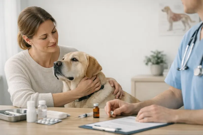 Ein Hundebesitzer überprüft die Vorsorgeleistungen seiner Hundekrankenversicherung mit einem Tierarzt.