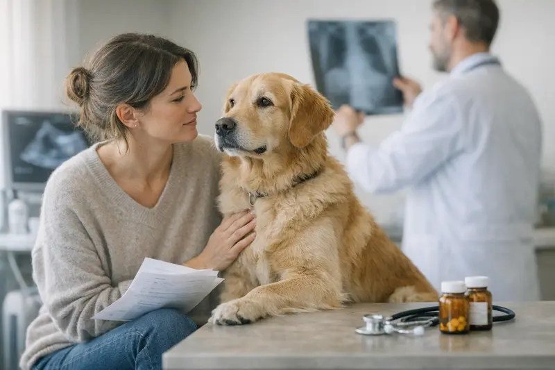 Tarifdetails Hundekrankenversicherung Ein Hund bei einem Tierarzt, der die Vertragsdetails für eine Hundekrankenversicherung erläutert.