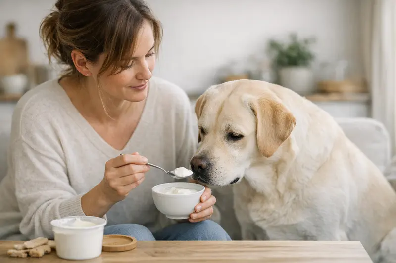 Ein glücklicher Hund mit einem kleinen Becher Naturjoghurt, der vorsichtig getestet wird.