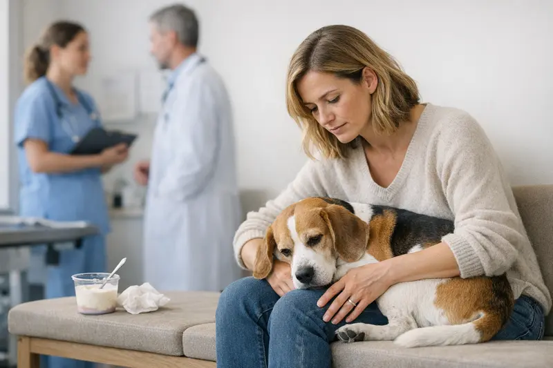 Ein Hund sitzt besorgt neben einem Schälchen Joghurt, das möglicherweise zu Durchfall oder Erbrechen geführt hat.