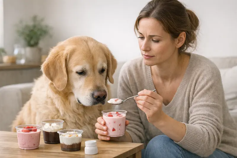 Hunde und Joghurt: Was ist geeignet? Ein Hund, der ein wenig natürlichen Joghurt betrachtet, während ein Besitzer über geeignete Joghurt-Sorten für Hunde informiert.
