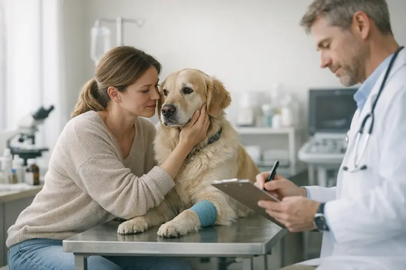 Ein Hund wird vom Tierarzt untersucht, um sicherzustellen, dass er gesund ist und notwendige Versicherungsleistungen ausgewählt werden können.