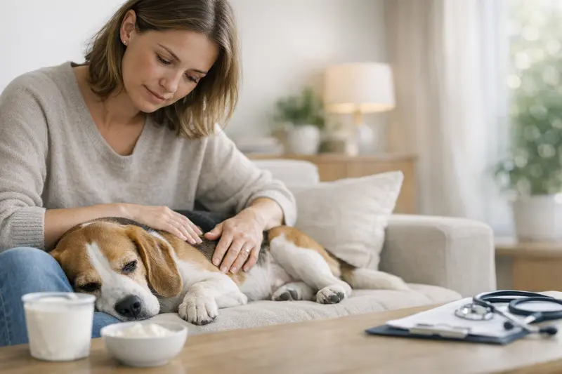 Ein Hund zeigt Anzeichen einer Laktose-Unverträglichkeit mit Bauchgeräuschen nach dem Fressen.