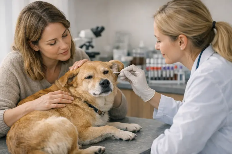 Ein Hund, der zum Tierarzt gebracht wird, um die Ursache von Juckreiz abklären zu lassen.