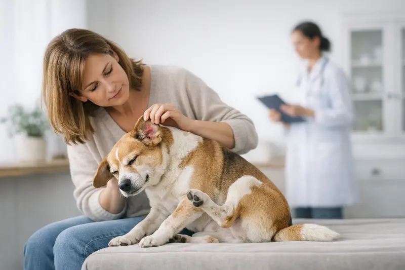 Juckreiz beim Hund - Zum Tierarzt? Ein Hund kratzt sich am Ohr, während ein besorgter Halter ihn beobachtet, was auf möglichen Juckreiz hinweist.