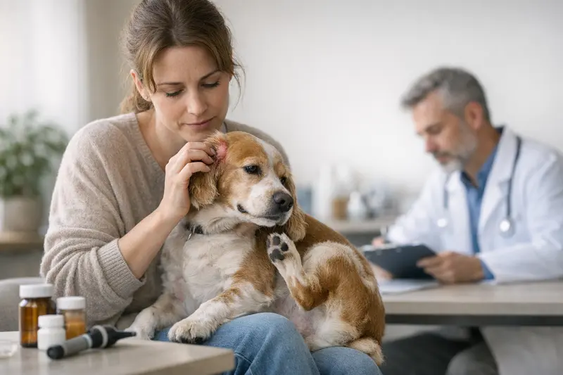 Hundeuntersuchung bei Juckreiz Ein Hund mit Allergien, der beim Tierarzt untersucht wird, um die Ursachen für Juckreiz herauszufinden.