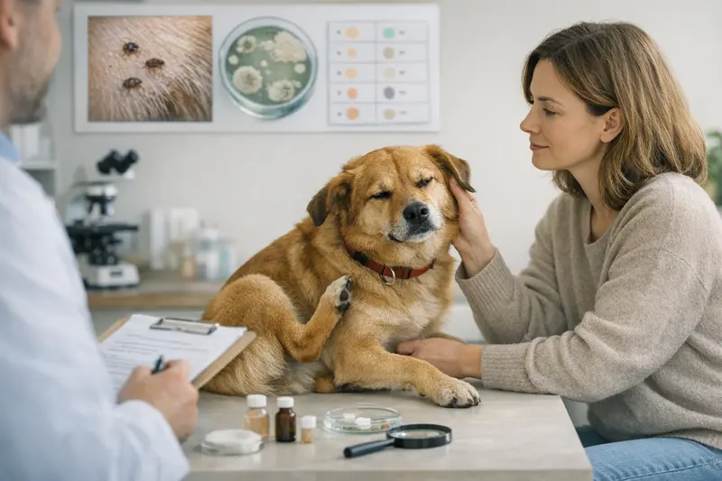 Tierarztuntersuchung bei Juckreiz bei Hunden Tierarzt untersucht einen Hund mit Juckreiz auf mögliche Ursachen.