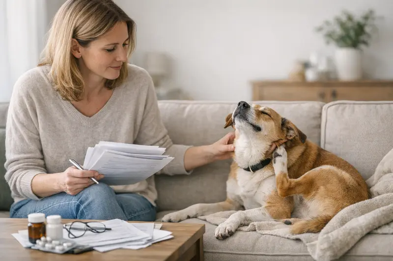 Hund mit Juckreiz und besorgtem Halter beim Tierarzt