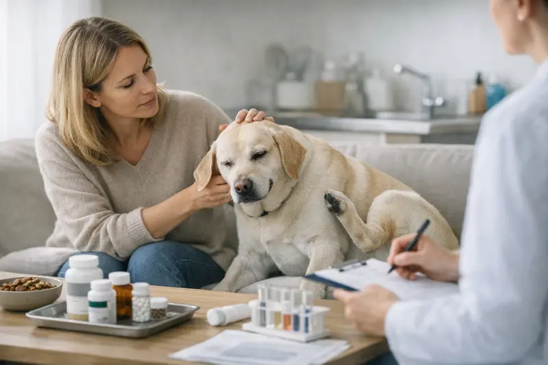 Hund mit Juckreiz wird vom Tierarzt untersucht.