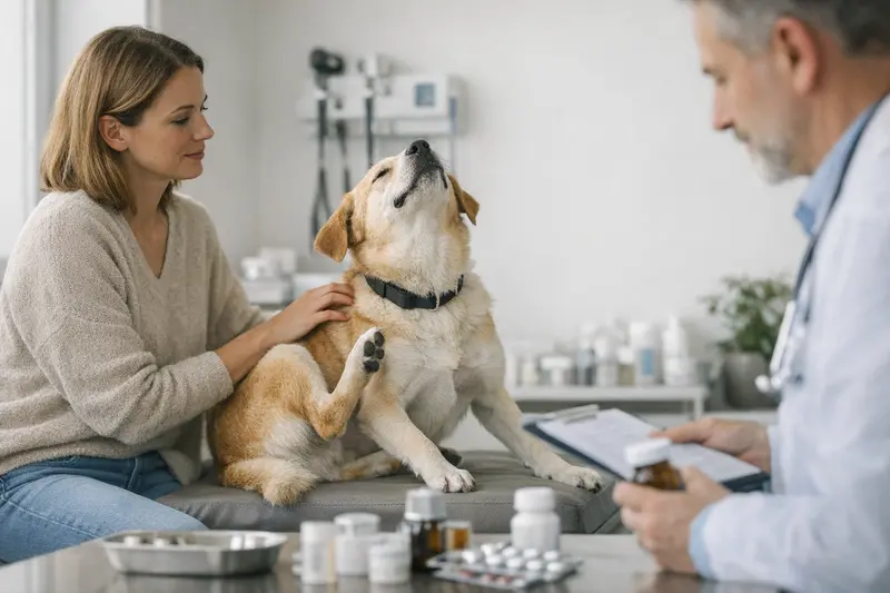 Hundeuntersuchung bei Juckreiz Hund beim Tierarzt zur Untersuchung von Juckreizsymptomen.