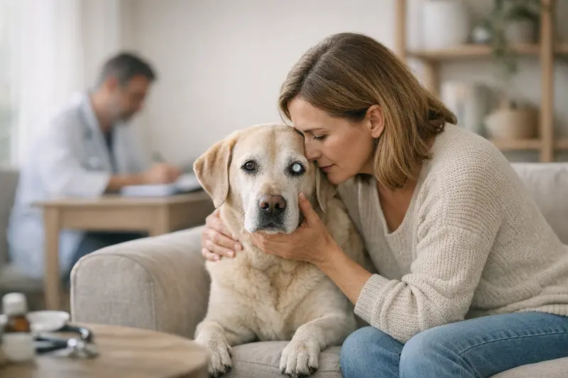 Ein Hund mit Anzeichen von Linsentrübung beim Tierarzt zur Untersuchung.