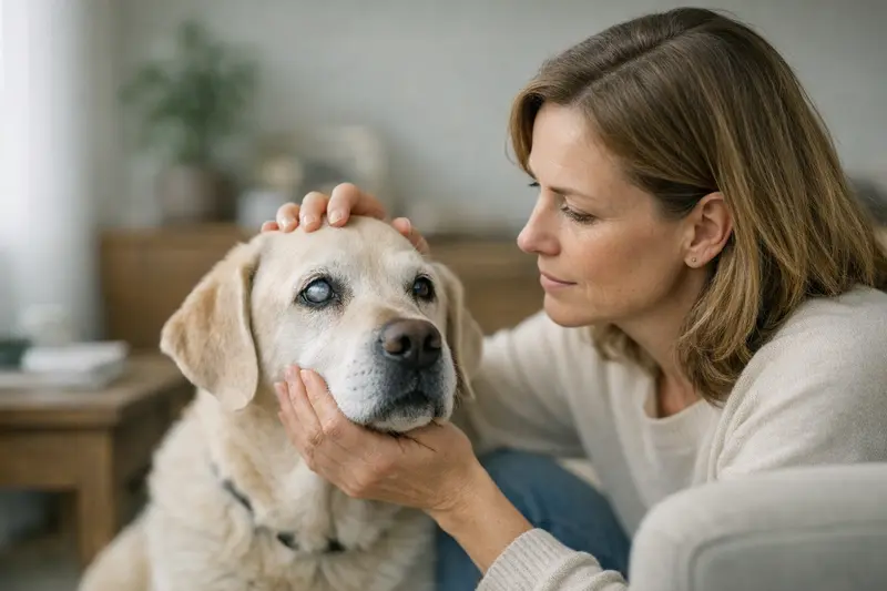 Wartezeiten und Befunde bei Katarakt Ein Hund mit Katarakt untersucht von einem Tierarzt für Hinweise zu bestehenden Befunden.