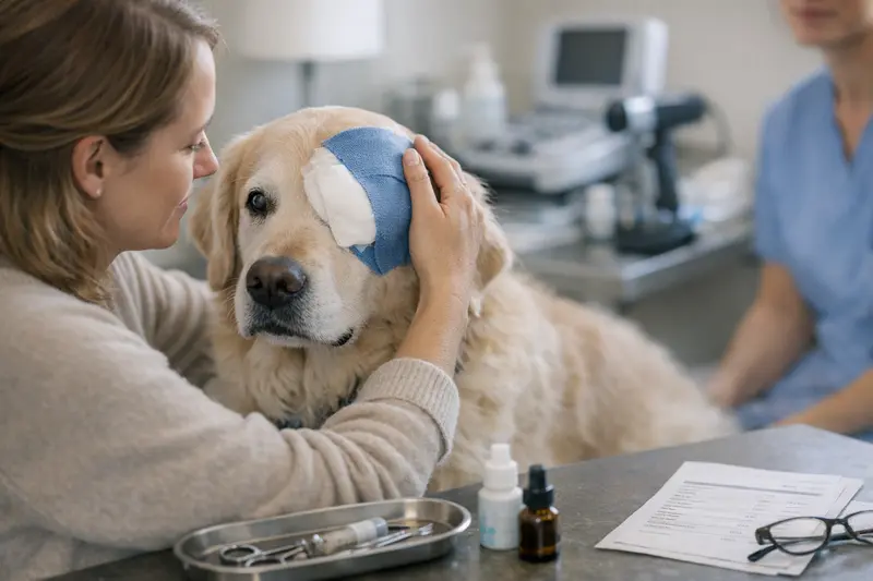 Kosten einer Katarakt-Operation beim Hund Tierarzt erklärt einem Hundebesitzer die Kosten einer Katarakt-Operation für seinen Hund.
