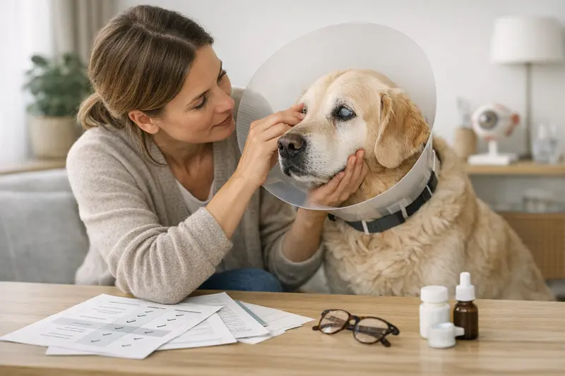 Augenuntersuchung Hund Tierarzt Visualisierung eines Hundes, während er eine Augenuntersuchung beim Tierarzt erhält, um die Relevanz von Augen-OPs in der Tierkrankenversicherung zu verdeutlichen.
