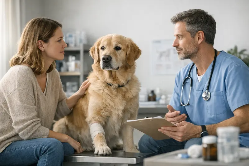 Hundeinspektion beim Tierarzt Ein Hund sitzt beim Tierarzt und erhält eine Untersuchung zur OP-Versicherung.