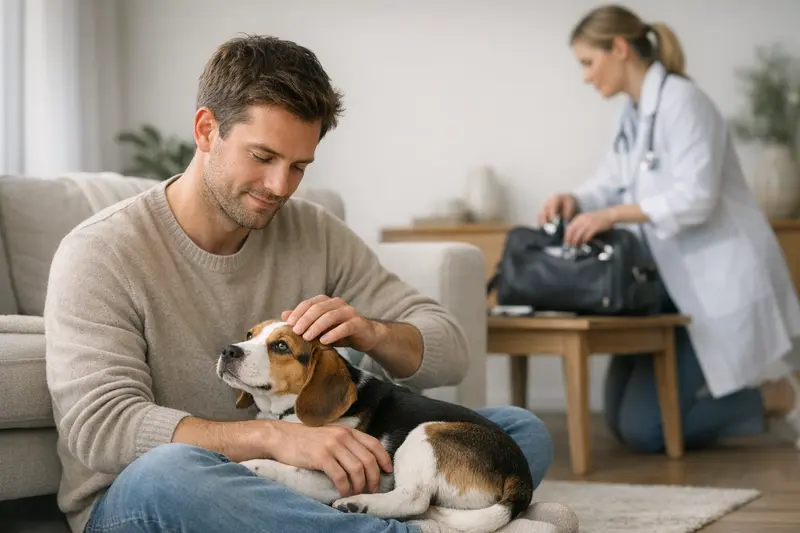 Hundeversicherung - Zeitpunkt des Abschlusses Ein glücklicher Hund mit einem neuen Besitzer, der über den Abschluss einer Hundeversicherung nachdenkt.