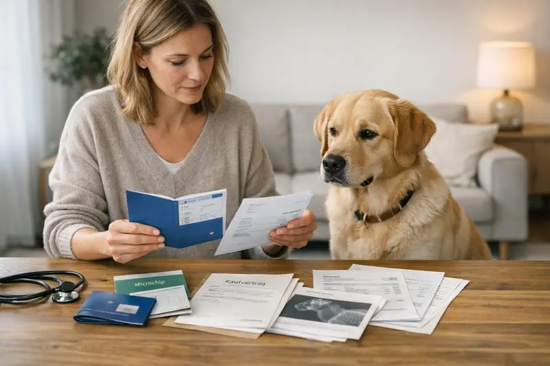 Wichtige Unterlagen für Tierarzt und Versicherung Hundehalter zeigt wichtige Unterlagen für den Tierarzt und die Versicherung.