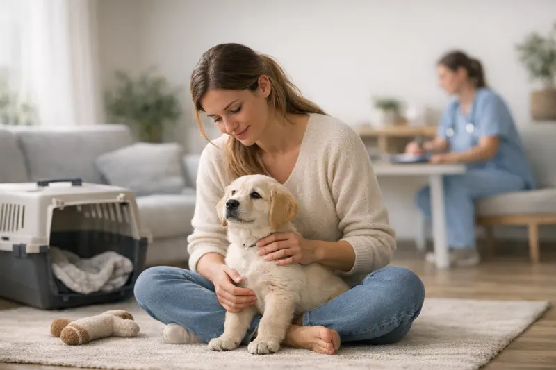 Ein entspannter Welpe, der beim Tierarzt untersucht wird, symbolisiert die Bedeutung einer frühzeitigen Absicherung für Hunde.