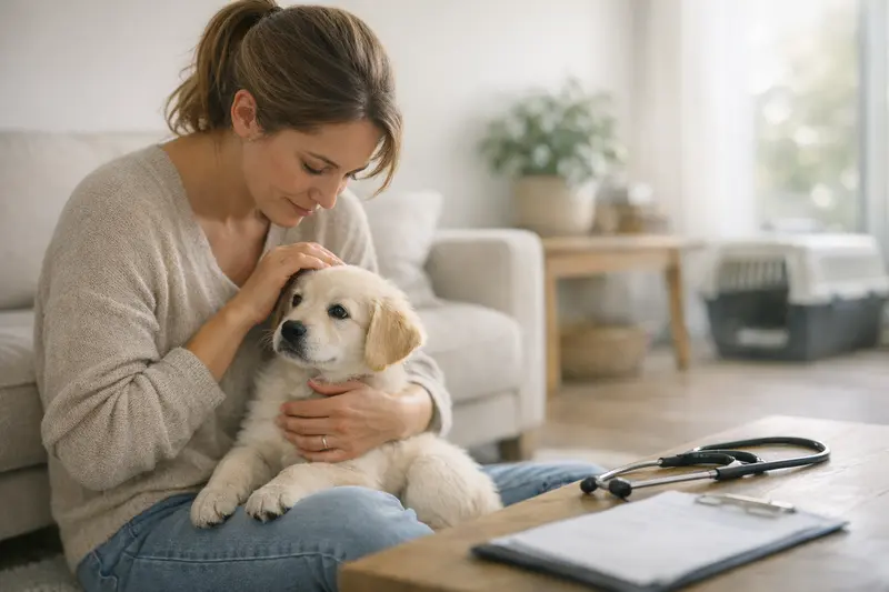 Ein glücklicher Welpe beim Tierarzt zur ersten Untersuchung, um die Wichtigkeit einer frühen Hundeabsicherung zu zeigen.